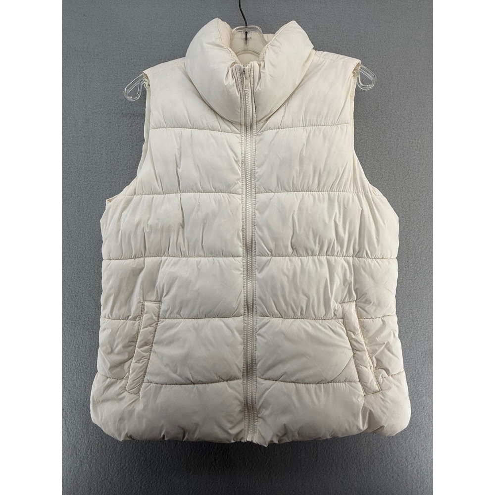 Old Navy Cream Puffer Vest Womens Large Full Zip Quilted Mock Neck Fleece Lined